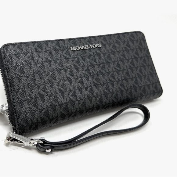 $298 NEW! MICHAEL KORS JET SET CONTINENTAL WALLET/WRISTLET BLACK MK MONOGRAM NEW - Picture 1 of 6